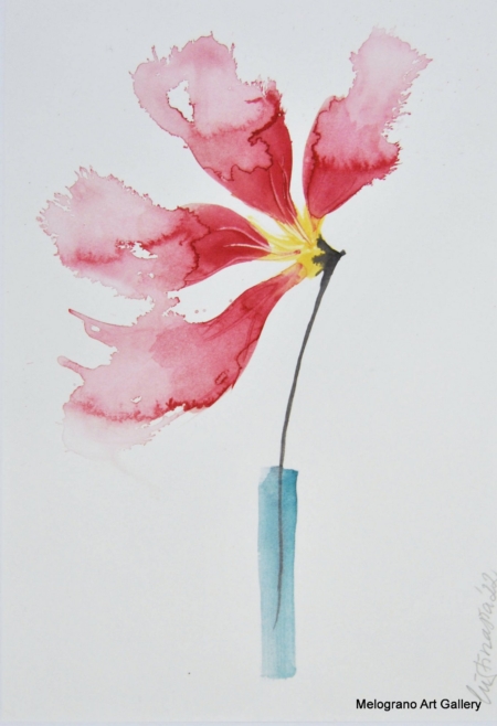 Acquarello fiori rossi in vaso – pittura floreale, toni caldi e luminosi, composizione delicata