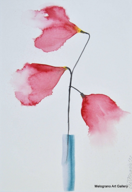 Acquarello fiori rossi in vaso – pittura floreale, toni caldi e luminosi, composizione delicata