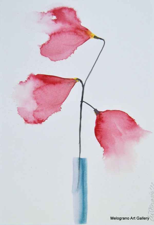 Acquarello fiori rossi in vaso – pittura floreale, toni caldi e luminosi, composizione delicata