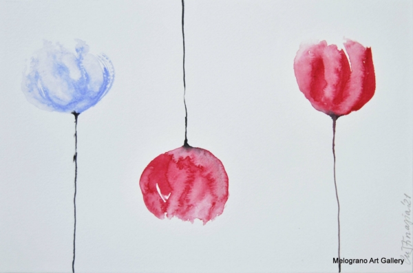 Acquarello fiori rossi in vaso – pittura floreale, toni caldi e luminosi, composizione delicata