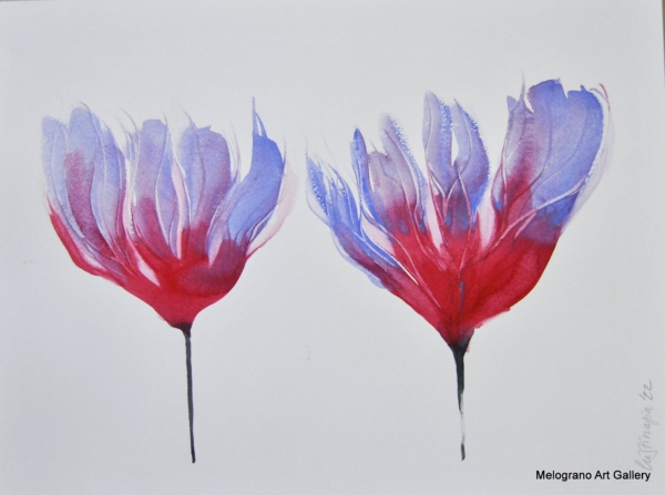 Acquarello fiori simili a tulipani – sfumature rosso e viola, grandi petali, pittura floreale delicata