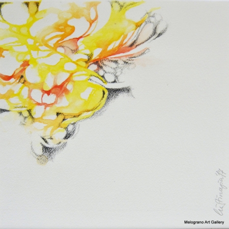 Acquarello fiori in vaso – composizione quasi astratta nei toni gialli e rossi, pittura contemporanea