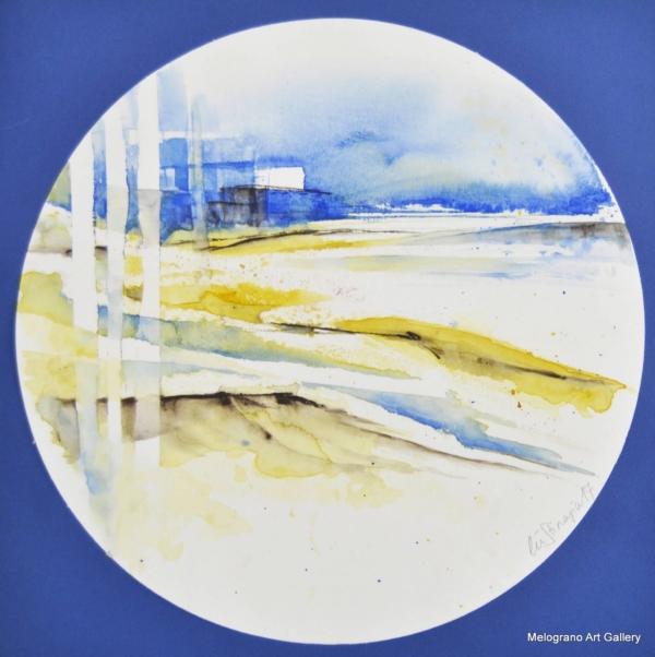 Acquarello paesaggio minimale – linee evocative terra aria acqua, pittura nei toni delicati