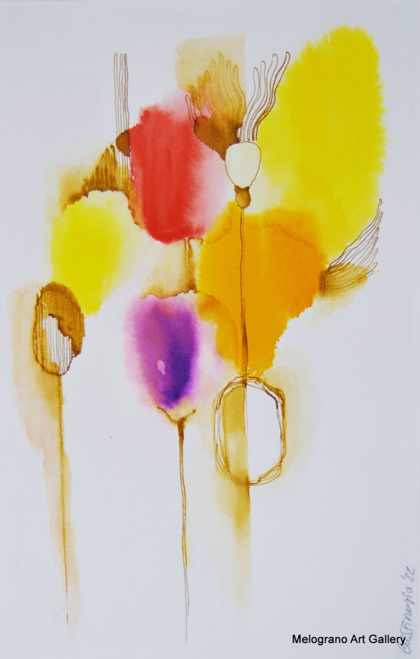 Acquarello macchie di colore – giallo rosso viola, suggestione floreale, pittura astratta e luminosa