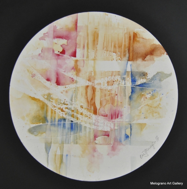 Acquarello paesaggio toscano astratto – toni rosati del tramonto, colline e stradine bianche sinuose