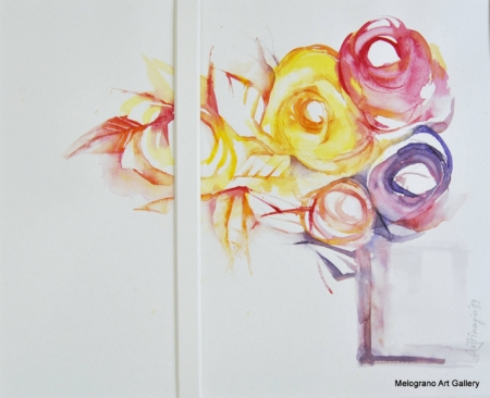 Acquarello fiori gialli e rossi in vaso – petali in volute eleganti, pittura floreale raffinata