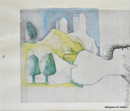 Acquarello paesaggio toscano – cipressi verdi ed edifici sulla collina, pittura delicata e trasparente