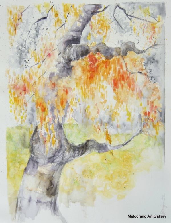 Acquarello fiori e foglie autunnali – pittura elegante nei toni caldi, composizione floreale raffinata