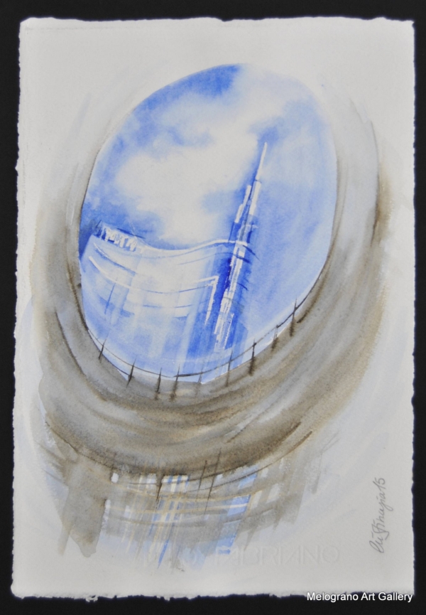 Acquarello edificio moderno – architettura urbana nei toni azzurri, pittura contemporanea