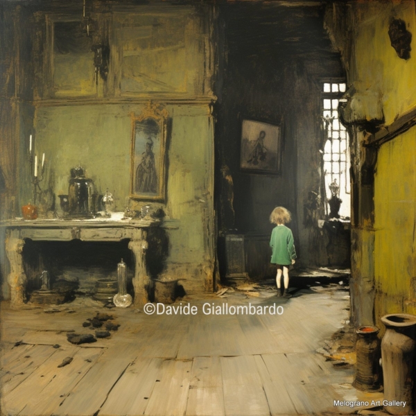 Opera della serie Alone di Davide Giallombardo, figura infantile in ambiente cupo e fatiscente, atmosfera di solitudine e angoscia