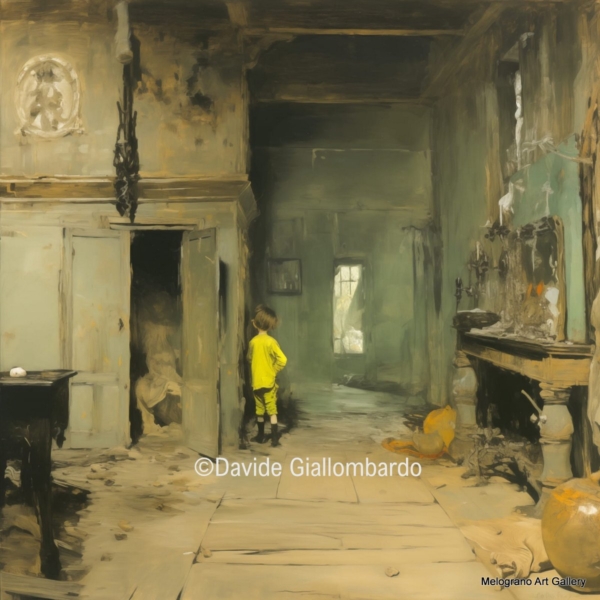 Opera della serie Alone di Davide Giallombardo, figura infantile in ambiente cupo e fatiscente, atmosfera di solitudine e angoscia
