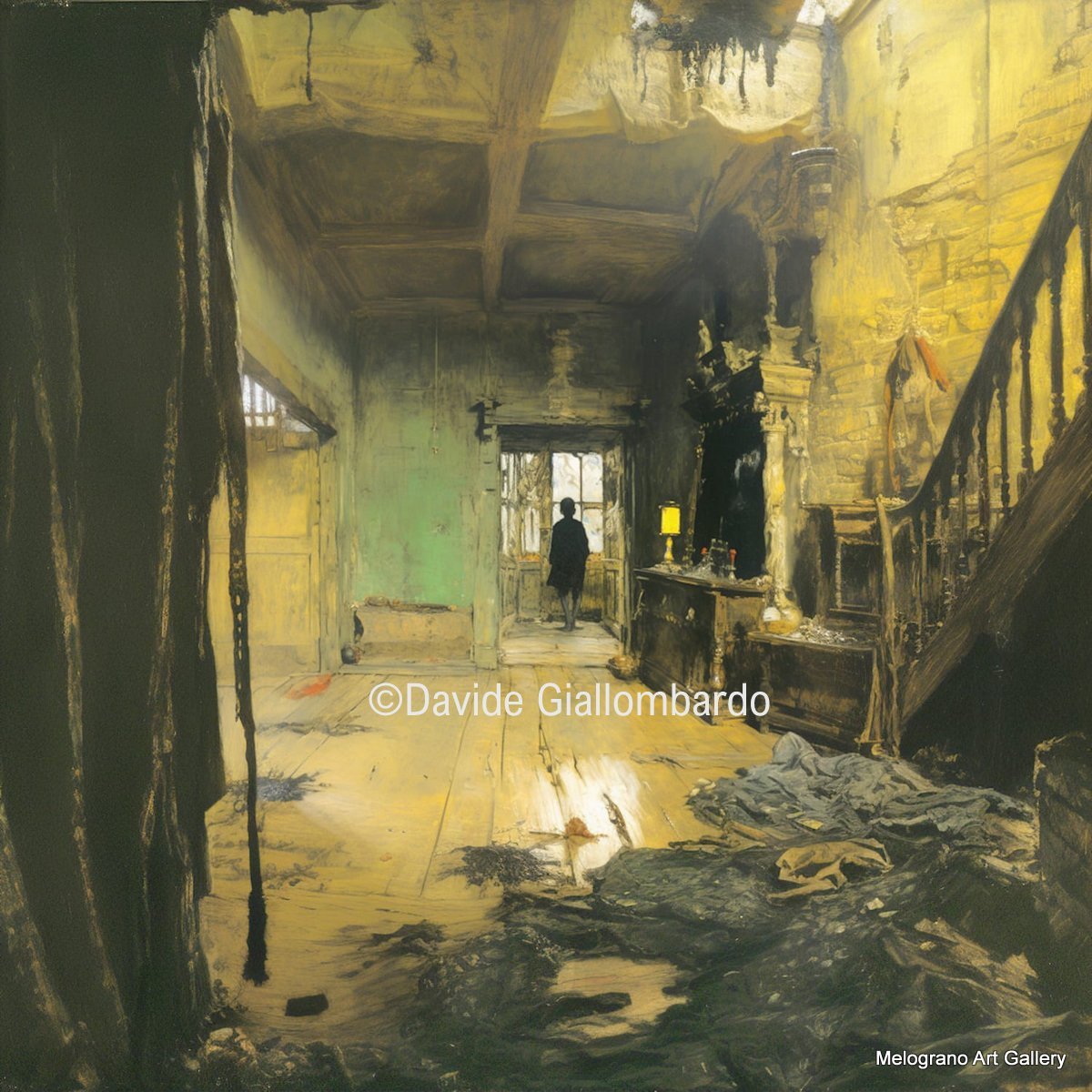 Opera della serie Alone di Davide Giallombardo, figura infantile in ambiente cupo e fatiscente, atmosfera di solitudine e angoscia