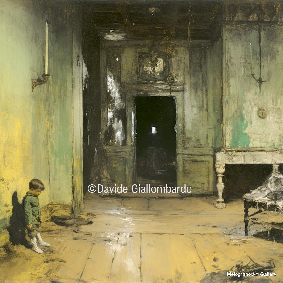 Opera della serie Alone di Davide Giallombardo, figura infantile in ambiente cupo e fatiscente, atmosfera di solitudine e angoscia