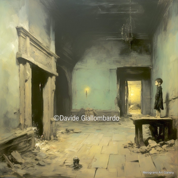 Opera della serie Alone di Davide Giallombardo, figura infantile in ambiente cupo e fatiscente, atmosfera di solitudine e angoscia