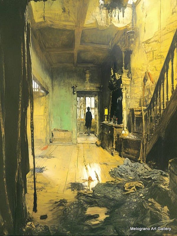 Ragazzo di spalle in stanza fatiscente dai toni gialli acidi, elaborazione digitale su tela di Davide Giallombardo