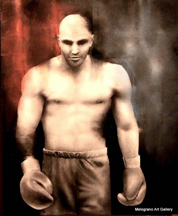 Pugile a mezzo busto con guantoni in toni seppia e scuri, atmosfera inquietante