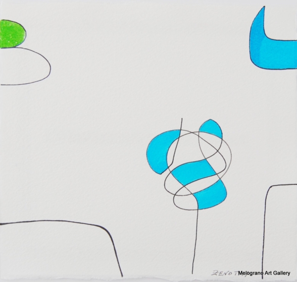 Disegno astratto Zeno T. Gravante forme essenziali turchese e verde lime inchiostro su carta