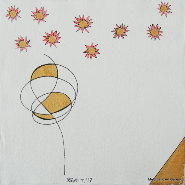 Disegno onirico Gravante Oniriche Presenze fiori stilizzati inchiostro e colore dorato su carta