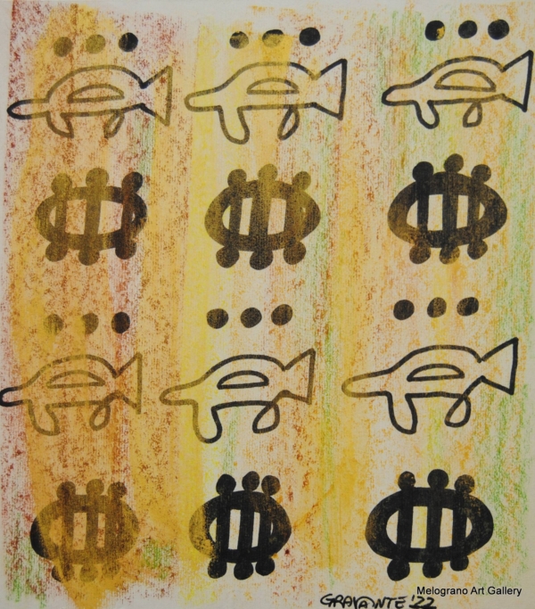 opera astratta con segni su fondo nei colori della terra, alfabeto antico evocato