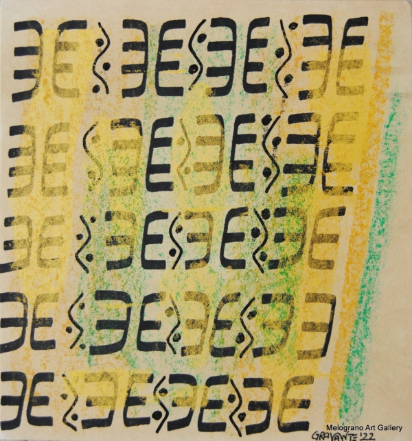 opera astratta con segni su fondo nei colori della terra, alfabeto antico evocato