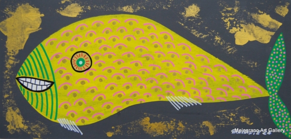 pesce pop colorato con sorriso umano e occhio tondo