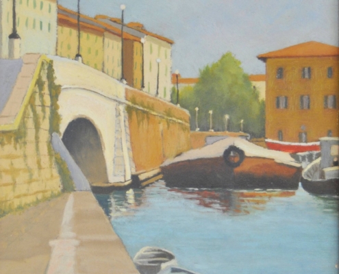 Scorcio della Venezia livornese dipinto da Ermanno Catarsi, pittura figurativa contemporanea