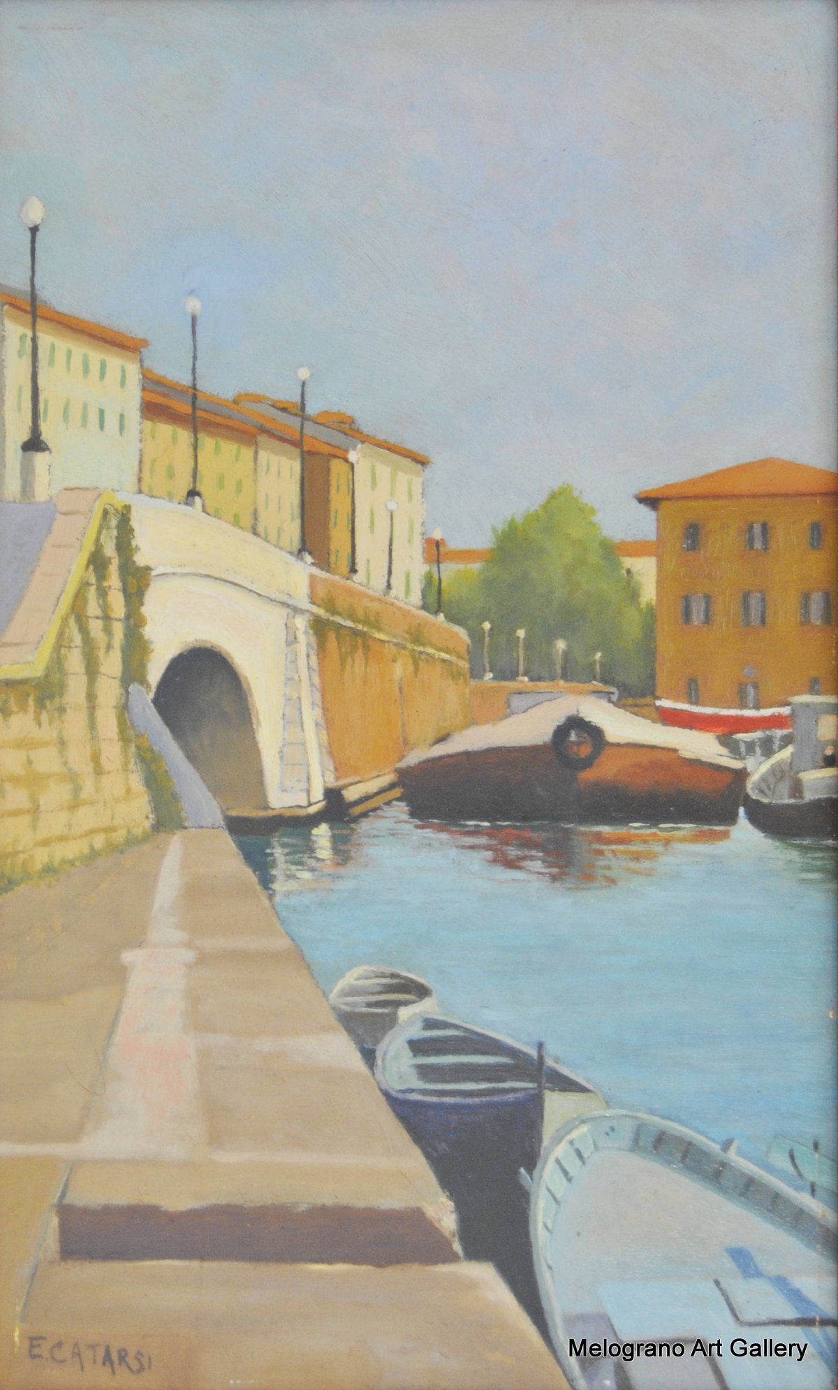 Scorcio della Venezia livornese dipinto da Ermanno Catarsi, pittura figurativa contemporanea