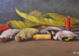 Natura morta di Franco Biondi: tre uccellini morti, tre cartucce rosse e gialla, foglie di castagna, tipica pittura post-macchiaiola livornese.