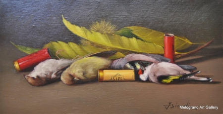 Natura morta di Franco Biondi: tre uccellini morti, tre cartucce rosse e gialla, foglie di castagna, tipica pittura post-macchiaiola livornese.