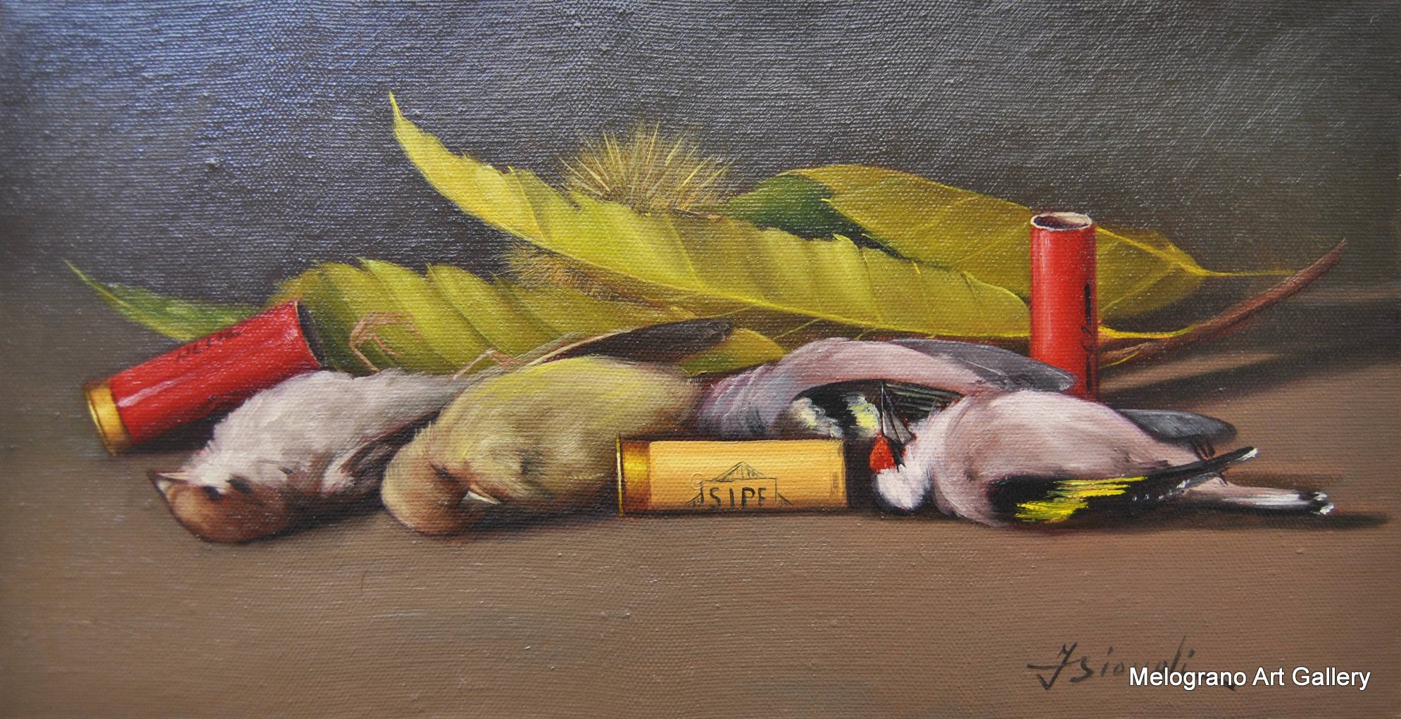 Natura morta di Franco Biondi: tre uccellini morti, tre cartucce rosse e gialla, foglie di castagna, tipica pittura post-macchiaiola livornese.
