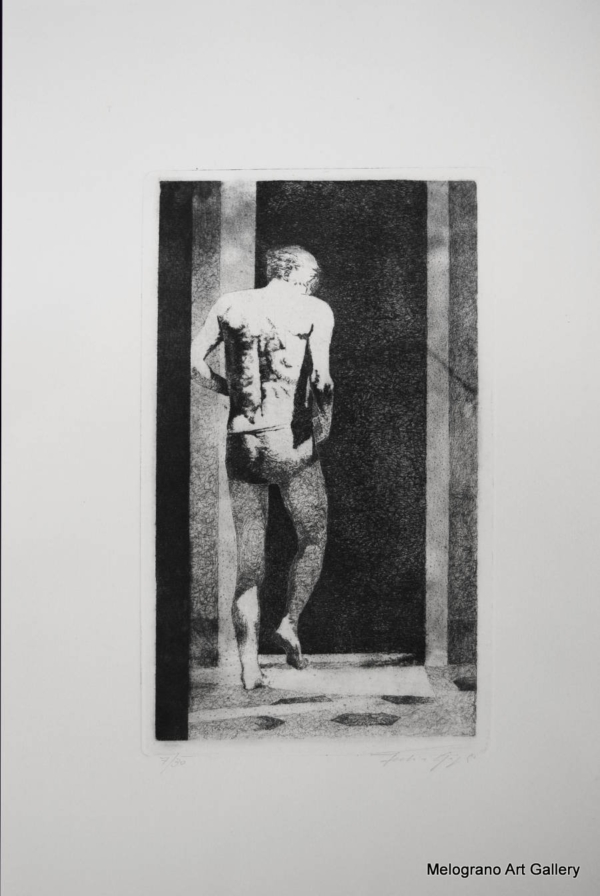 Acquaforte in bianco e nero con uomo quasi nudo che esce dalla doccia, scena domestica resa con tratto elegante.