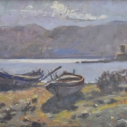 Giacomo Vaccaro Barche (1) Paesaggio marino con barche tirate a secco – dipinto di Giacomo Vaccaro