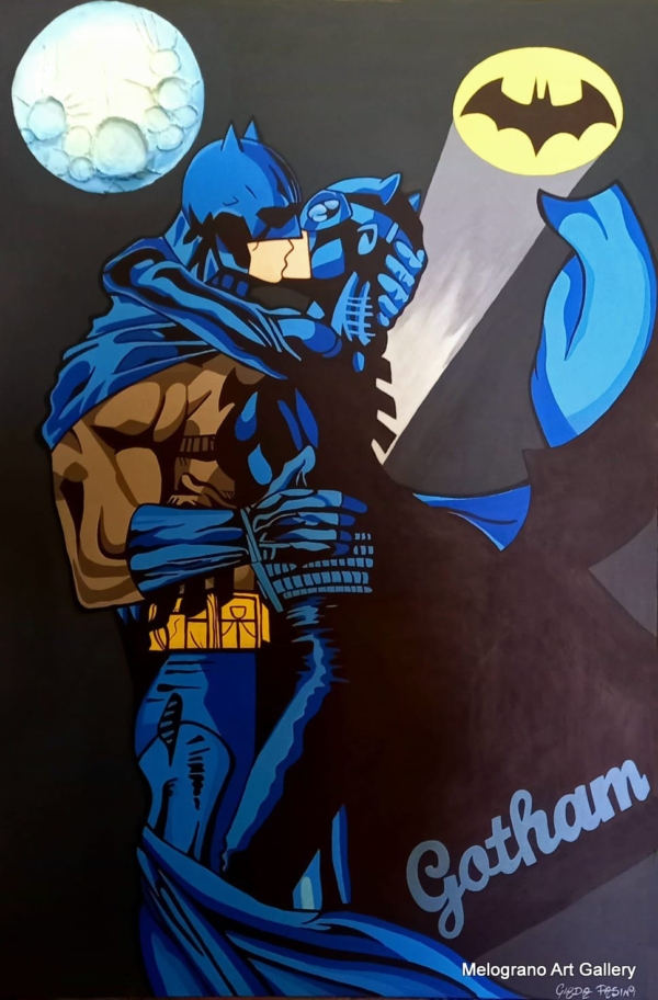 Quadro pop art di Giada Pasini con Batman e Catwoman in un bacio a Gotham City, atmosfera romantica e misteriosa