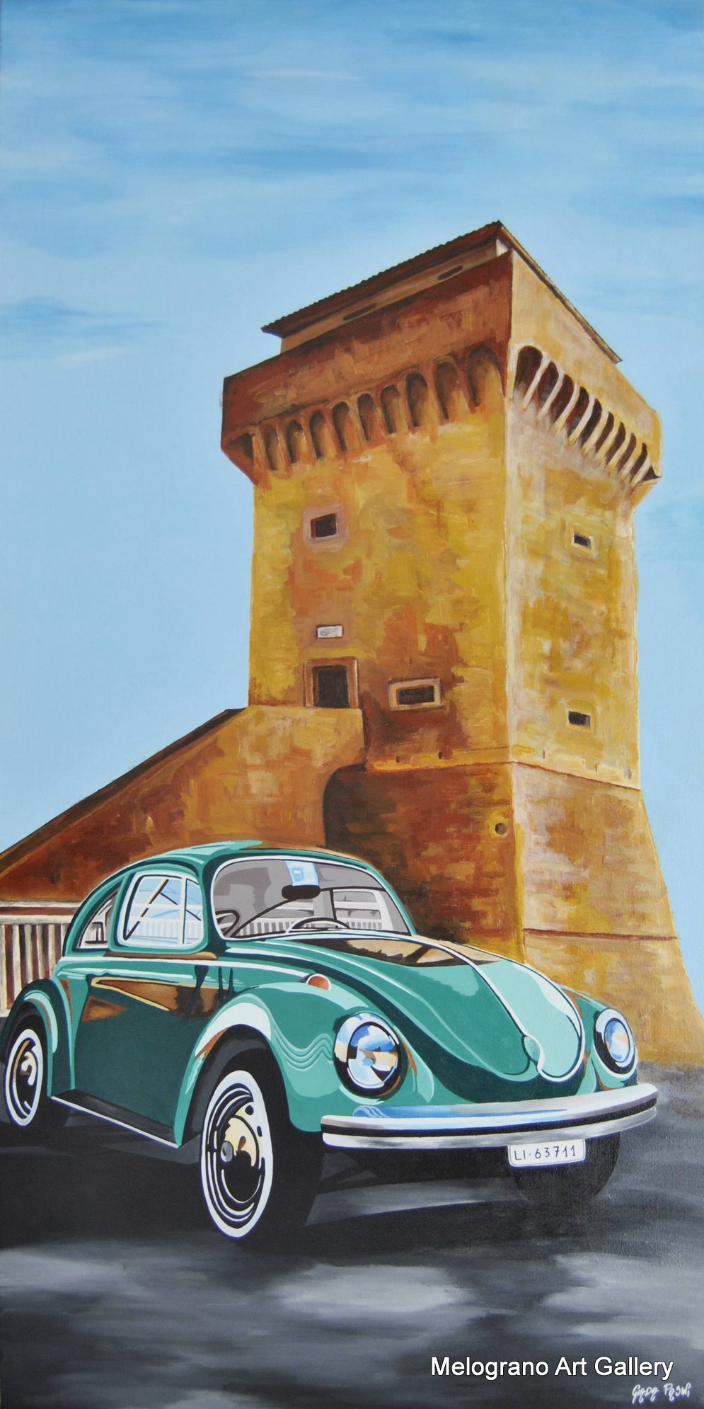 Quadro pop art di Giada Pasini con Maggiolino verde e Torre di Calafuria, Livorno, atmosfera giocosa e colorata