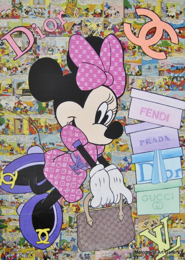 Minnie tra simboli di grandi firme in un quadro pop colorato di Giada Pasini