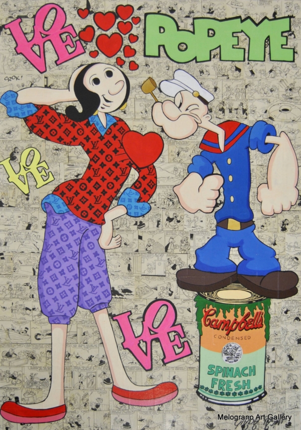 Opera pop art di Giada Pasini con Olivia e Braccio di Ferro, colori vivaci e atmosfera giocosa