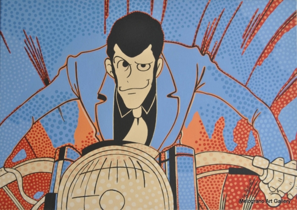 Lupin in moto in un quadro pop colorato di Giada Pasini