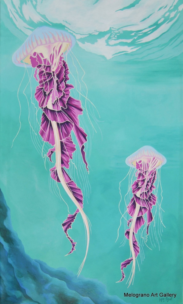 Quadro pop art di Giada Pasini, meduse rosa fluttuanti su sfondo turchese, arte contemporanea, armonia e leggerezza