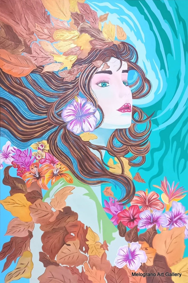 Quadro pop art di Giada Pasini, donna con capelli fluttuanti e fiori, ispirato a miti di metamorfosi, atmosfera poetica e legame con la natura