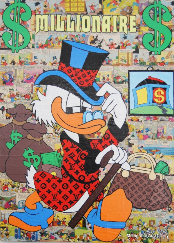 Quadro pop art di Giada Pasini con Zio Paperone tra simboli del denaro, dollari e colori vivaci
