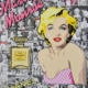 Quadro pop art di Giada Pasini con Marilyn e simboli della moda, colori vivaci e atmosfera giocosa