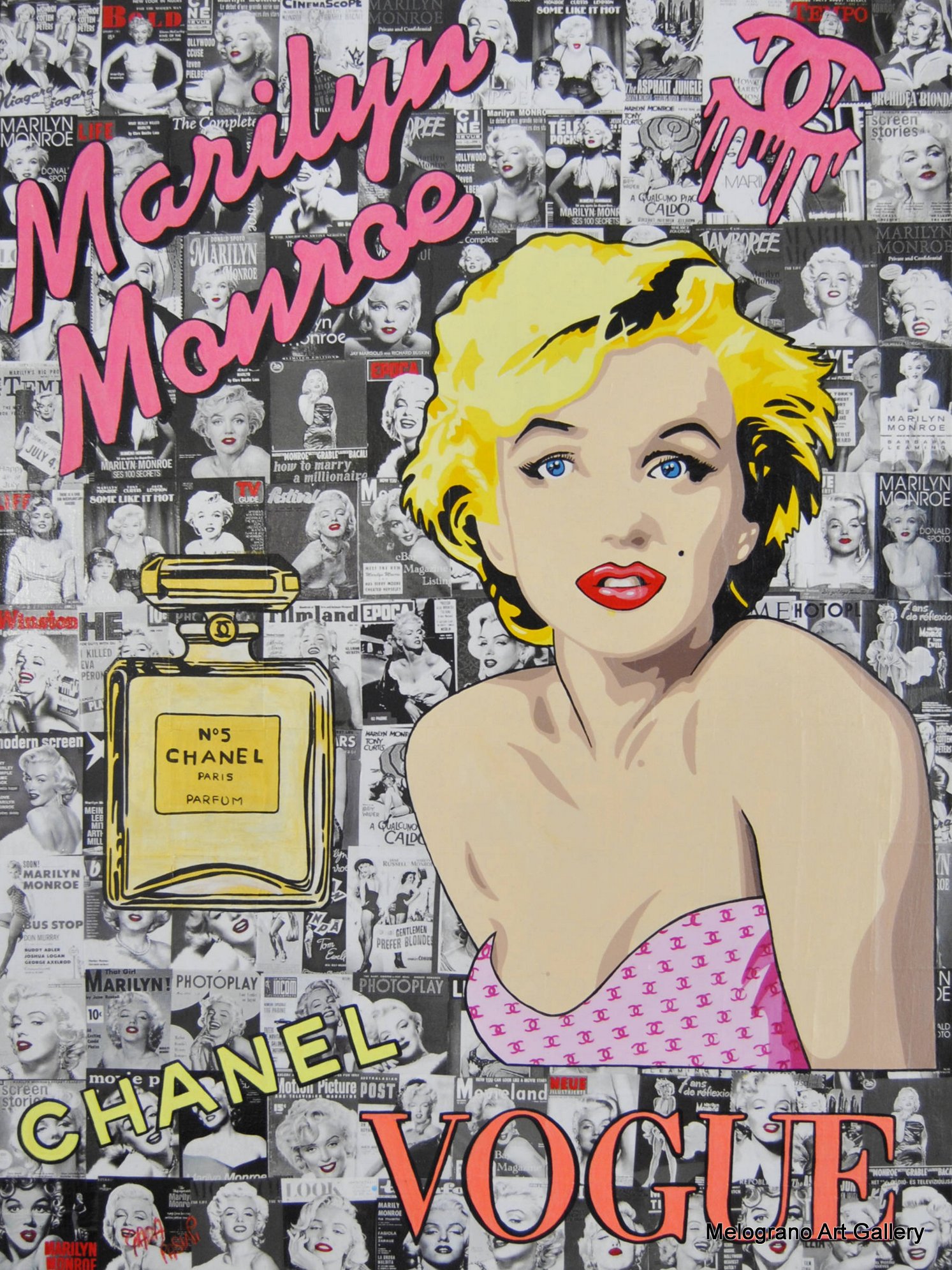 Quadro pop art di Giada Pasini con Marilyn e simboli della moda, colori vivaci e atmosfera giocosa