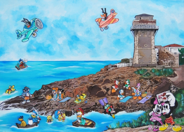 Quadro di Giada Pasini: Torre di Calafuria a Livorno con personaggi Disney pop reinterpretati colorati