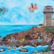 Quadro di Giada Pasini: Torre di Calafuria a Livorno con personaggi Disney pop reinterpretati colorati