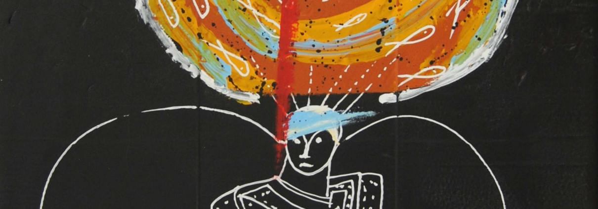 Quadro Angelo di Gian Ruggero Manzoni: figura angelica con ali bianche su sfondo nero, disco arancione con cuore bianco e croce di Lorena al centro, linee rosse dinamiche, ramo verde nella mano destra, simbolismo spirituale e religioso.