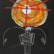 Gian Ruggero Manzoni Angelo Quadro Angelo di Gian Ruggero Manzoni: figura angelica con ali bianche su sfondo nero, disco arancione con cuore bianco e croce di Lorena al centro, linee rosse dinamiche, ramo verde nella mano destra, simbolismo spirituale e religioso.