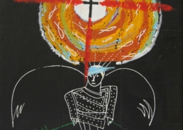 Quadro Angelo di Gian Ruggero Manzoni: figura angelica con ali bianche su sfondo nero, disco arancione con cuore bianco e croce di Lorena al centro, linee rosse dinamiche, ramo verde nella mano destra, simbolismo spirituale e religioso.