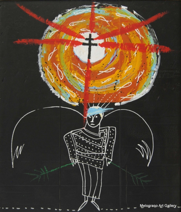 Quadro Angelo di Gian Ruggero Manzoni: figura angelica con ali bianche su sfondo nero, disco arancione con cuore bianco e croce di Lorena al centro, linee rosse dinamiche, ramo verde nella mano destra, simbolismo spirituale e religioso.