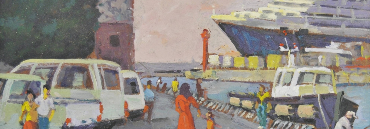 Scorcio del porto di Livorno con madre e bambino dipinto da Giancarlo Landi, pittura figurativa contemporanea