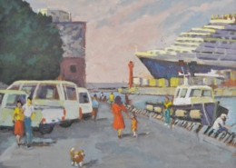 Scorcio del porto di Livorno con madre e bambino dipinto da Giancarlo Landi, pittura figurativa contemporanea